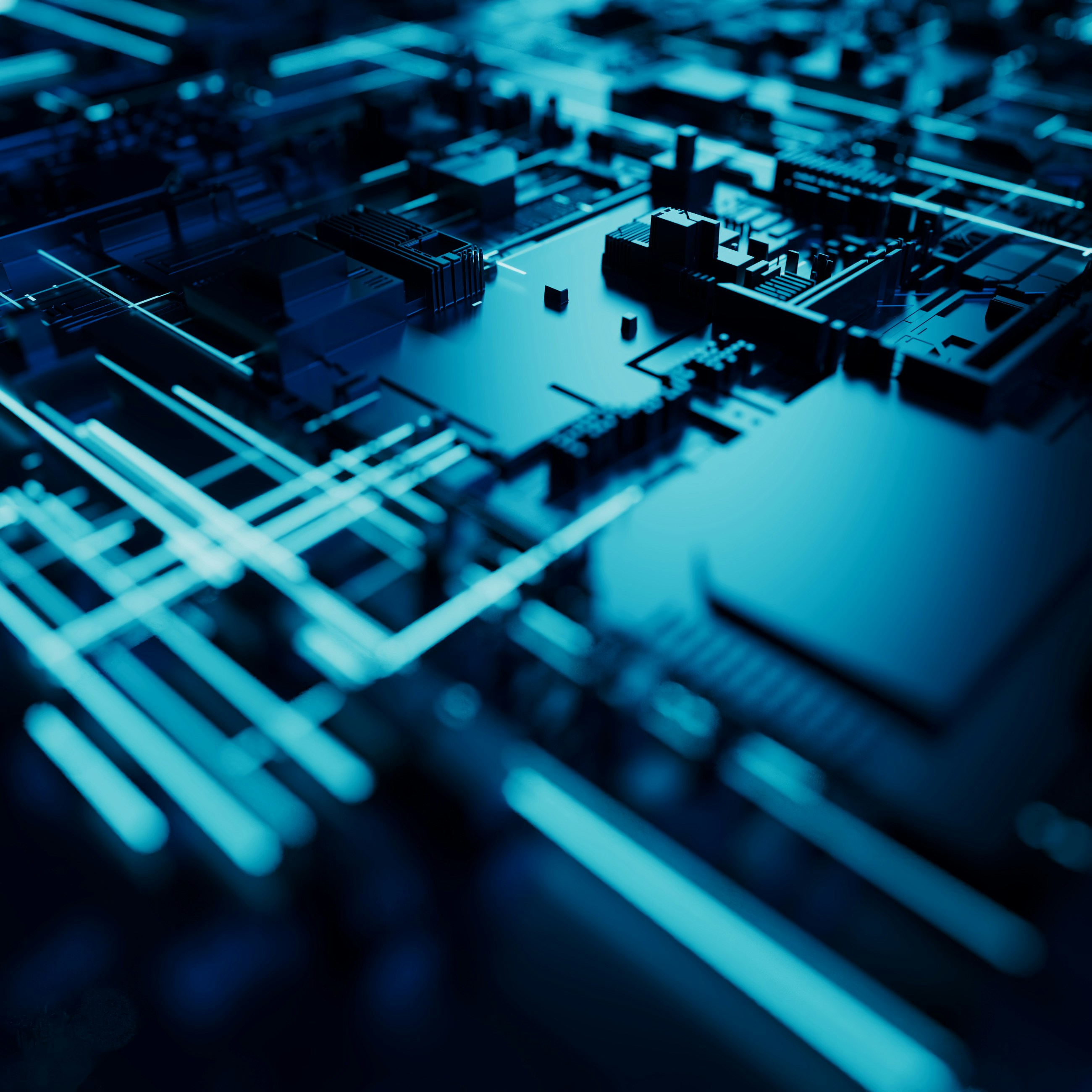 Abstrakte technische Hardware-Struktur in blauem Licht
